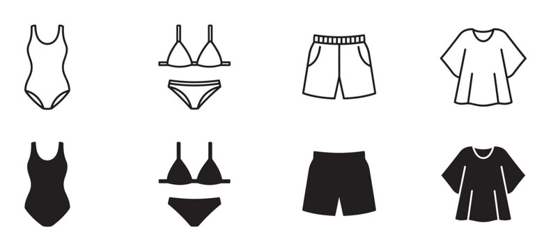 Minimalist summer clothing and swimwear icons in a simple black graphic style, featuring a swimsuit, bikini, shorts, and t-shirt in both outline and silhouette versions