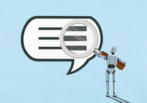 Humanoid robot holding magnifying glass over speech bubble text on blue background