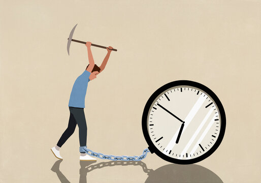 Man with pickaxe trying to break chain connecting his ankle to a clock