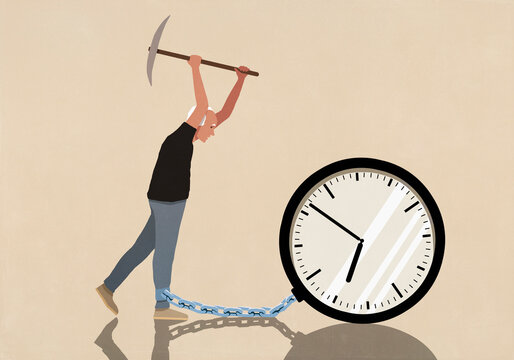 Elderly man with pickaxe attempting to break chain connecting his ankle to large clock