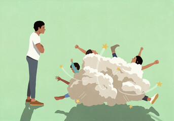 Angry father watching children fighting against green background