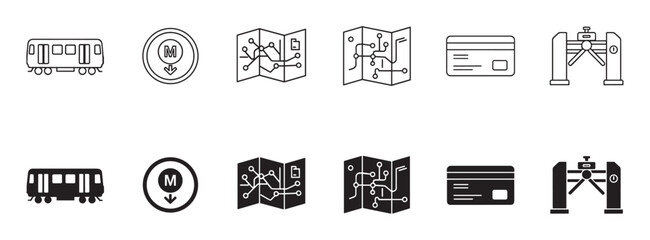 Set of black metro public transport icons featuring a train, station sign, route map, ticket, and turnstile gate in both linear outline and solid glyph styles