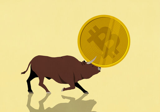 Bull balancing large Bitcoin on nose against yellow background