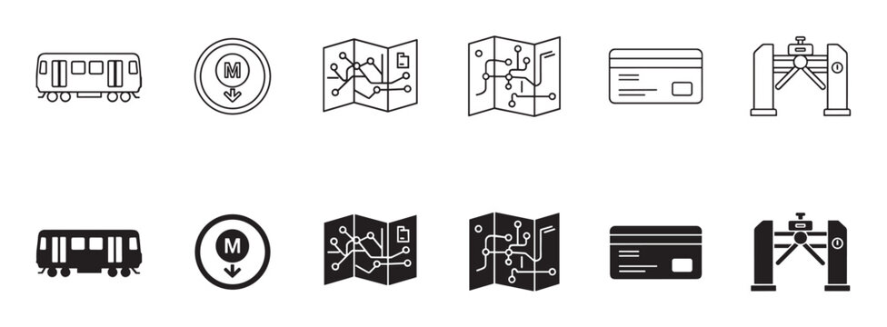 Set of black metro public transport icons featuring a train, station sign, route map, ticket, and turnstile gate in both linear outline and solid glyph styles