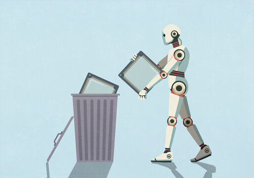 Humanoid robot placing computer chips in garbage can against blue background