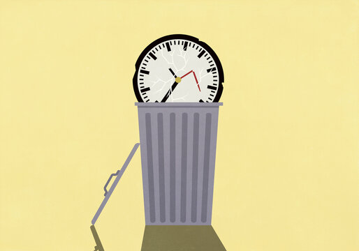 Broken clock in garbage can on yellow background