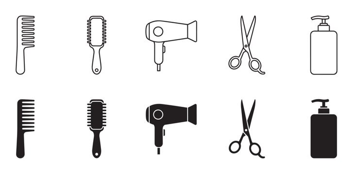 Hairdressing and barber tools icon set with two styles, featuring a comb, brush, hairdryer, scissors, and shampoo bottle in both outline and solid silhouette vector illustrations