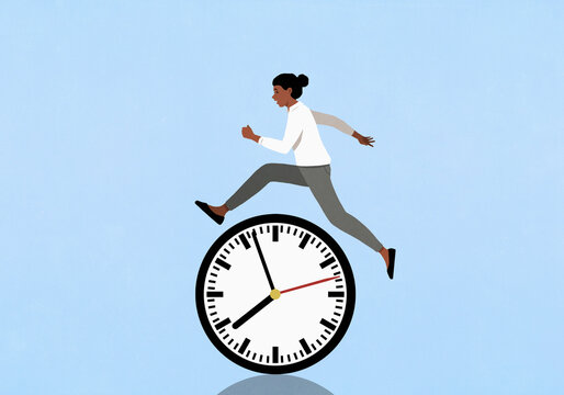 Businesswoman jumping over clock on blue background