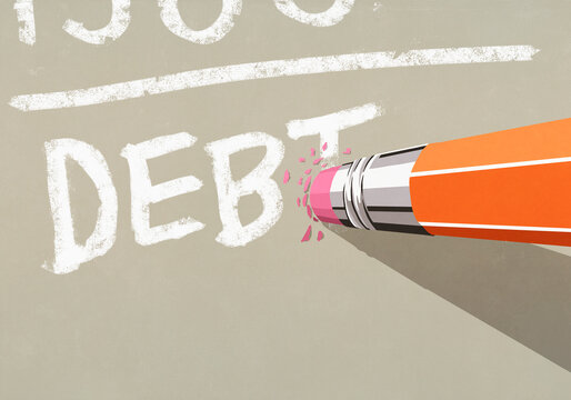 Pencil eraser erasing the "T" from white "DEBT" text on beige background