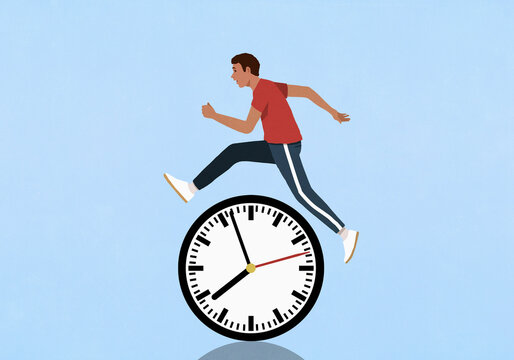 Man jumping over clock on blue background