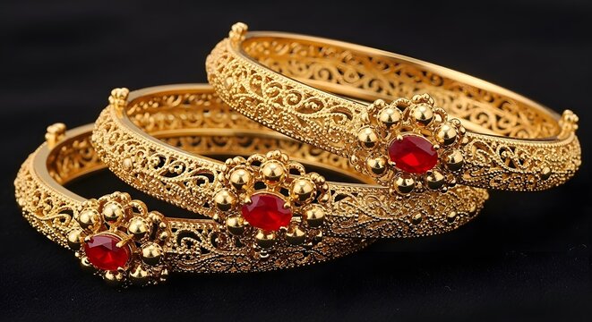 Elegant gold bangles with intricate designs and red gemstone accents displayed together.