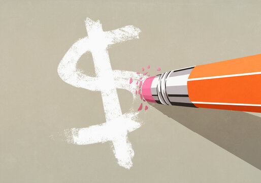 View from above of large pencil eraser erasing dollar sign on beige background