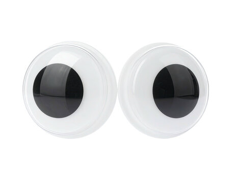 Pair of large, glossy plastic cartoon eyes with black pupils on a transparent background