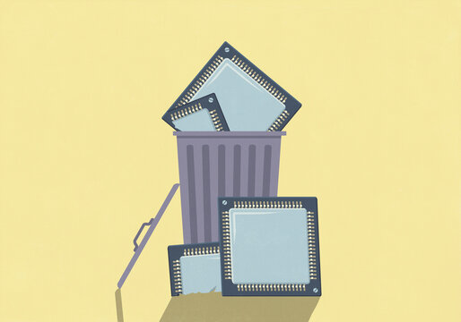 Pieces of computer chips in garbage can against yellow background