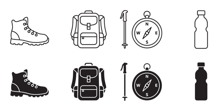 Hiking and camping equipment icon set featuring a boot, backpack, trekking pole, compass, and water bottle shown in both outline and solid glyph styles for outdoor adventure themes