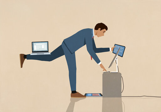 Busy businessman working, balancing multiple tech device screens