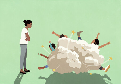Angry mother watching children fight against green background