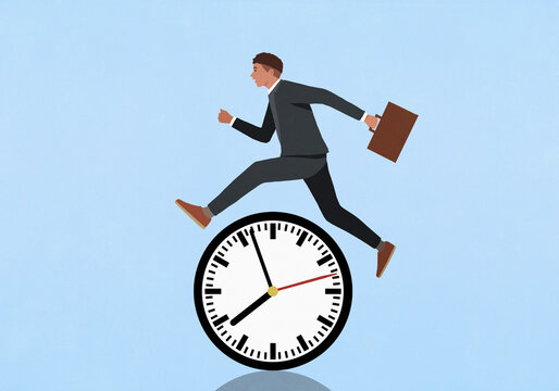 Businessman with briefcase leaping over clock on blue background