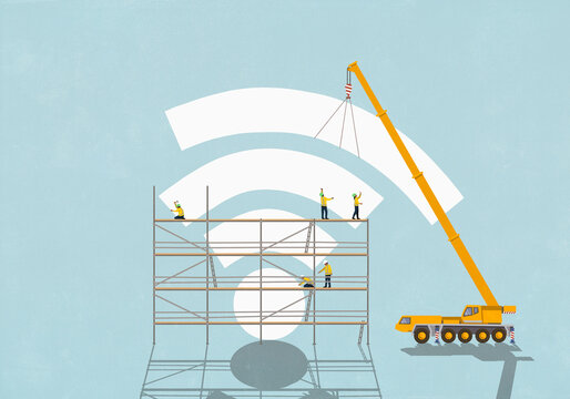 Construction workers on scaffolding guiding crane adding large bar to Wi-Fi symbol