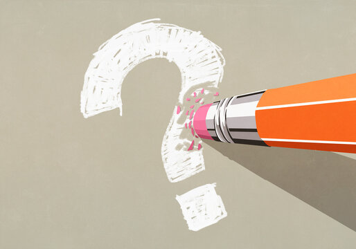 High angle view of pencil eraser erasing white question mark