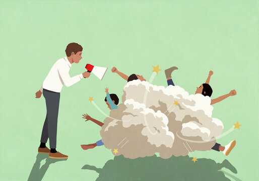 Angry father with megaphone yelling at children fighting against green background