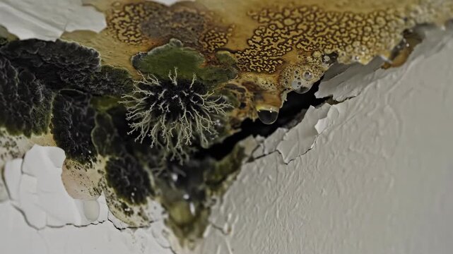 Water damage and toxic mold growth on a ceiling. Close-up of a plumbing leak with dripping water and fungal infestation. Home maintenance and property insurance concept