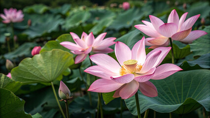 Obraz premium Pink lotus flowers green leaves pond water lily nature botanical garden aquatic blooms peaceful