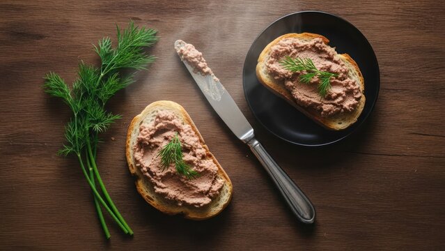 Toast with spread, knife, and dill sprigs on a dark wood table, top view