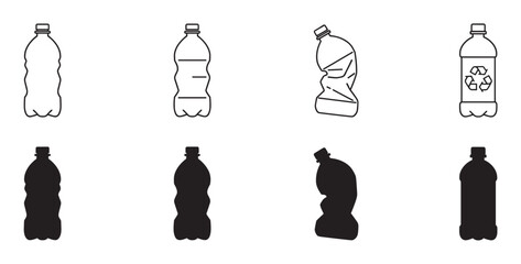 Plastic bottle icon set showing different states like new, crumpled, and with a recycling symbol, rendered in simple black line art and solid silhouette styles