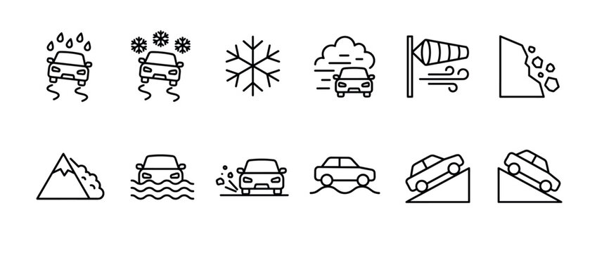 Set of black line icons depicting hazardous driving conditions and weather warnings for road safety, including slippery surfaces, snow, flood, landslide, fog, wind, and steep hills