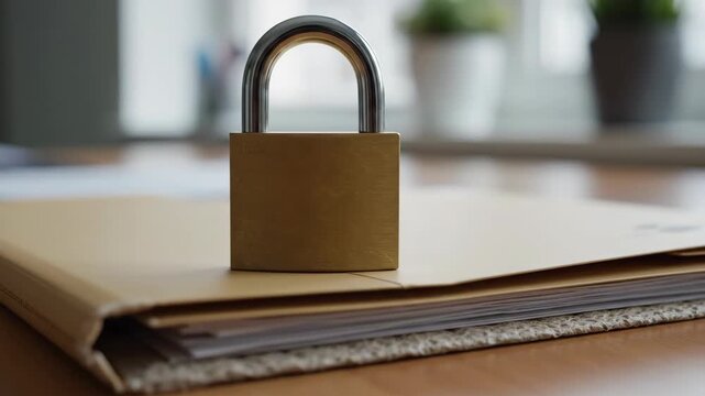 Close-up of a lock on a file folder with important papers. Concept of privacy, data protection, and confidential information security