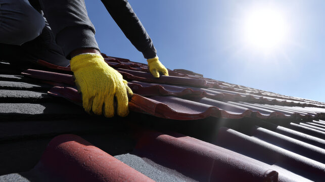 Roof worker yellow glove red roof tile roofing construction house repair sunlight safety work