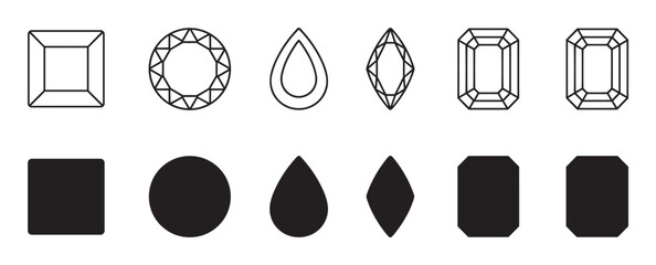 Collection of various diamond cut icons and gemstone shapes presented in two styles, a detailed black outline and a solid black silhouette for jewelry design and infographics