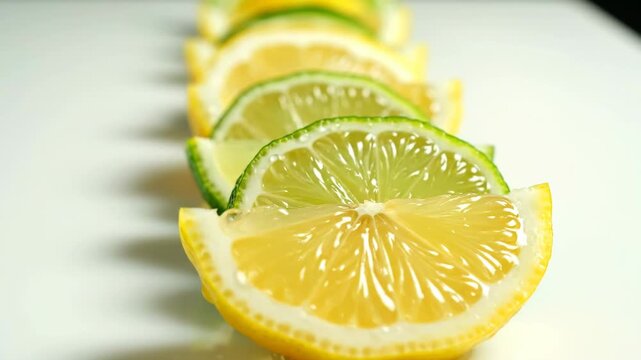 Close-up of fresh lemon and lime slices in a row. Juicy citrus fruit with vibrant yellow and green colors on a white background. Healthy food and ingredient concept