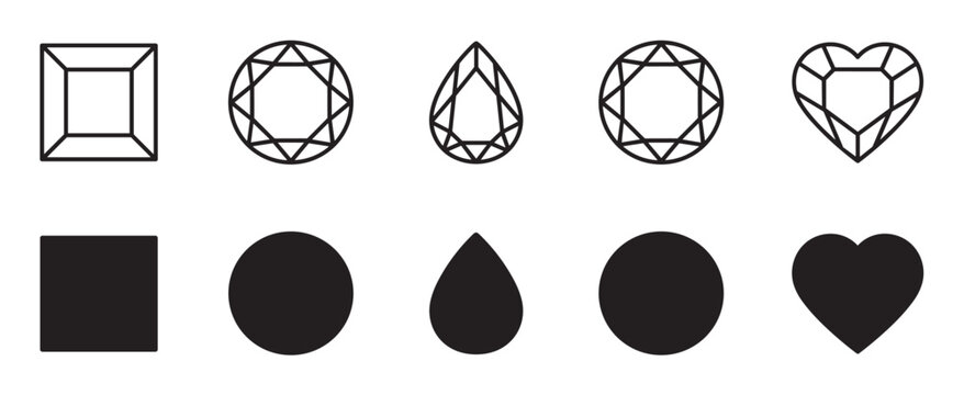 Set of black gemstone cut icons showing popular shapes like princess, round, pear, and heart, presented as both minimalist line art outlines and solid black silhouette versions