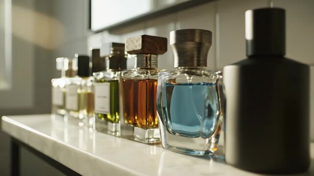A collection of men's luxury perfume and cologne bottles on a marble shelf. Slow dolly shot showcasing various fragrances for male grooming and personal care