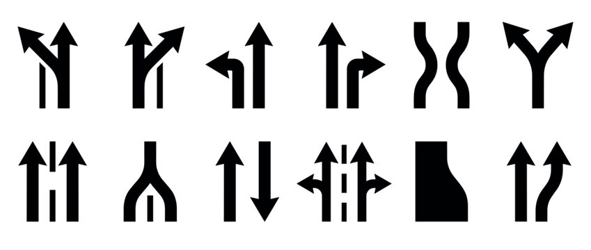 Collection of black road lane icons and symbols showing various traffic directions, merges, splits, and turns in a minimalist graphic style for navigation and signage concepts