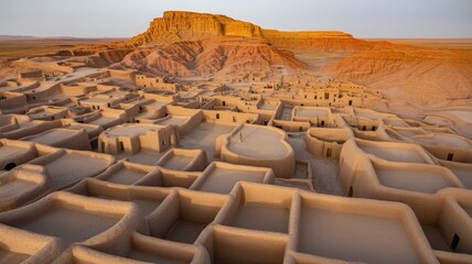 Obraz premium Ancient City Ruins in Desert Landscape Under Warm Sunlight.