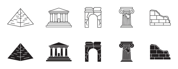 Ancient architecture icon collection featuring historical landmarks like a pyramid, classical temple, stone arch, broken column, and ruined wall in line and glyph styles