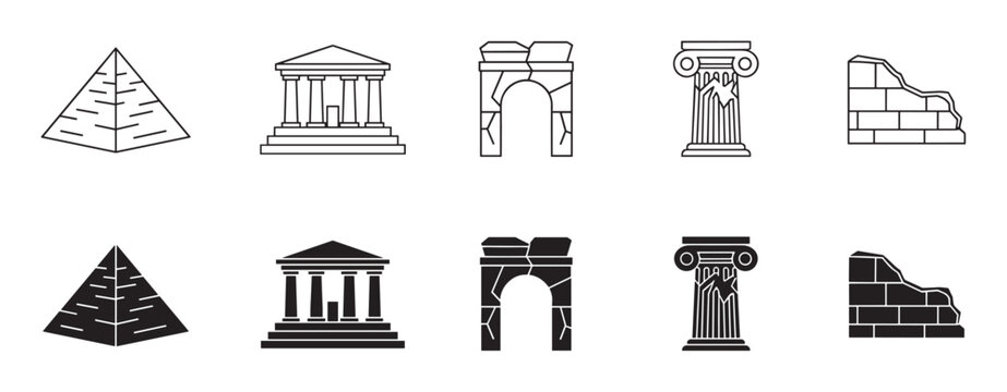 Ancient architecture icon collection featuring historical landmarks like a pyramid, classical temple, stone arch, broken column, and ruined wall in line and glyph styles
