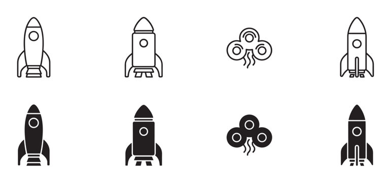 Set of black rocket ship icons in line art and solid glyph styles for startup and technology concepts, including smoke cloud symbols for launch and takeoff illustration