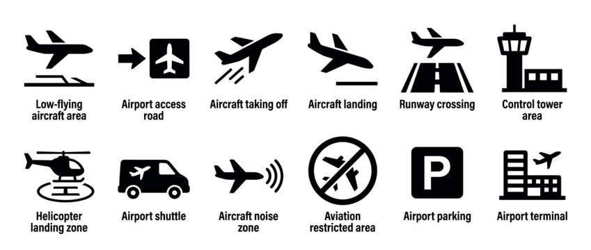 Set of black airport and aviation icons showing various travel and transport symbols like airplane takeoff, landing, terminal, and control tower for information and navigation