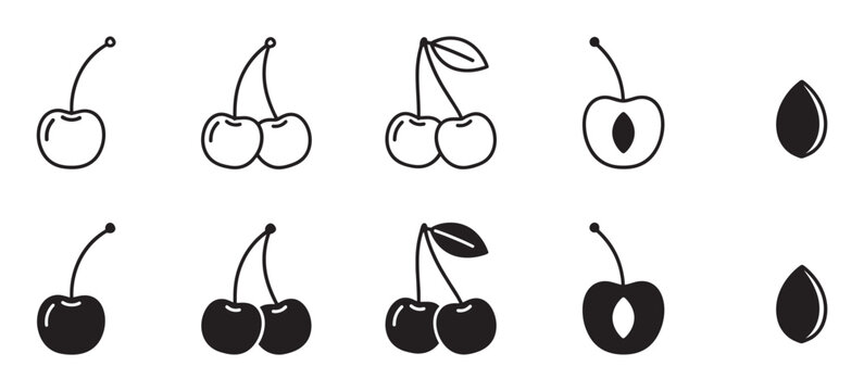 Black cherry icon set in line art and solid glyph styles showing various fruit forms like a single berry, a pair with leaf, a half with pit, and a separate seed