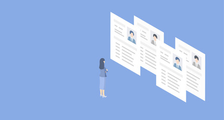 人事の女性と履歴書 (職務経歴書)。優秀な人材を探すアイソメトリックなベクターイラスト。書類選考･採用･求人のシーン。