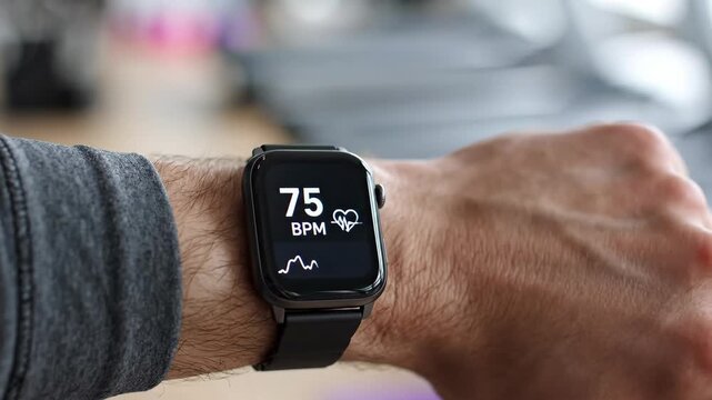 Close-up of a smartwatch displaying heart rate data. Wearable technology showing 75 BPM and an ECG waveform. Health monitoring and fitness tracking concept