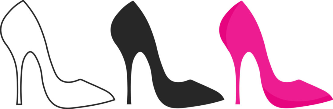  Elegant high heel shoe outline and silhouette and pink color icon set, hand drawn line art illustration of high heels for fashion and women's apparel, Editable vector, Vector illustration