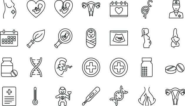 Vector collection of outline icons related to pregnancy, gynecology, fertility, and newborn care, including uterus, fetus, ultrasound, doctor, and medical symbols.