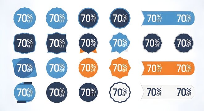 70 percent discount sale tags and badges set in blue and orange colors, different shapes, isolated on white