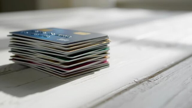 A stack of credit cards on a white wooden table. Banking, personal finance, and consumer debt concept. Slow dolly shot with copy space