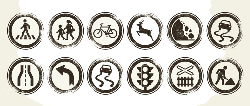 Collection of twelve round traffic sign icons with a distressed rubber stamp effect, featuring pictograms for road safety, warnings, and regulations in a vintage style